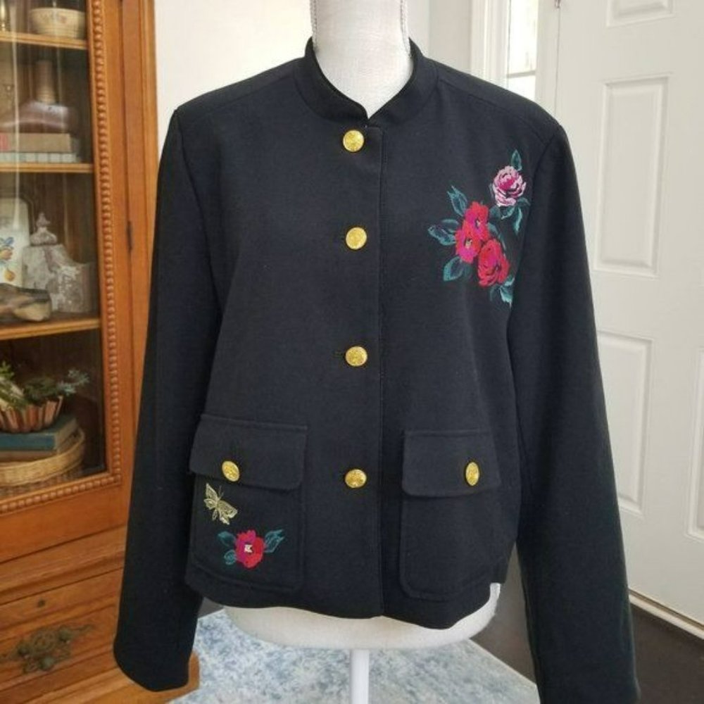 a new day Long Sleeve Jacket Gold Buttons Red Lining Floral Embroidery Size 16 - Picture 5 of 12
